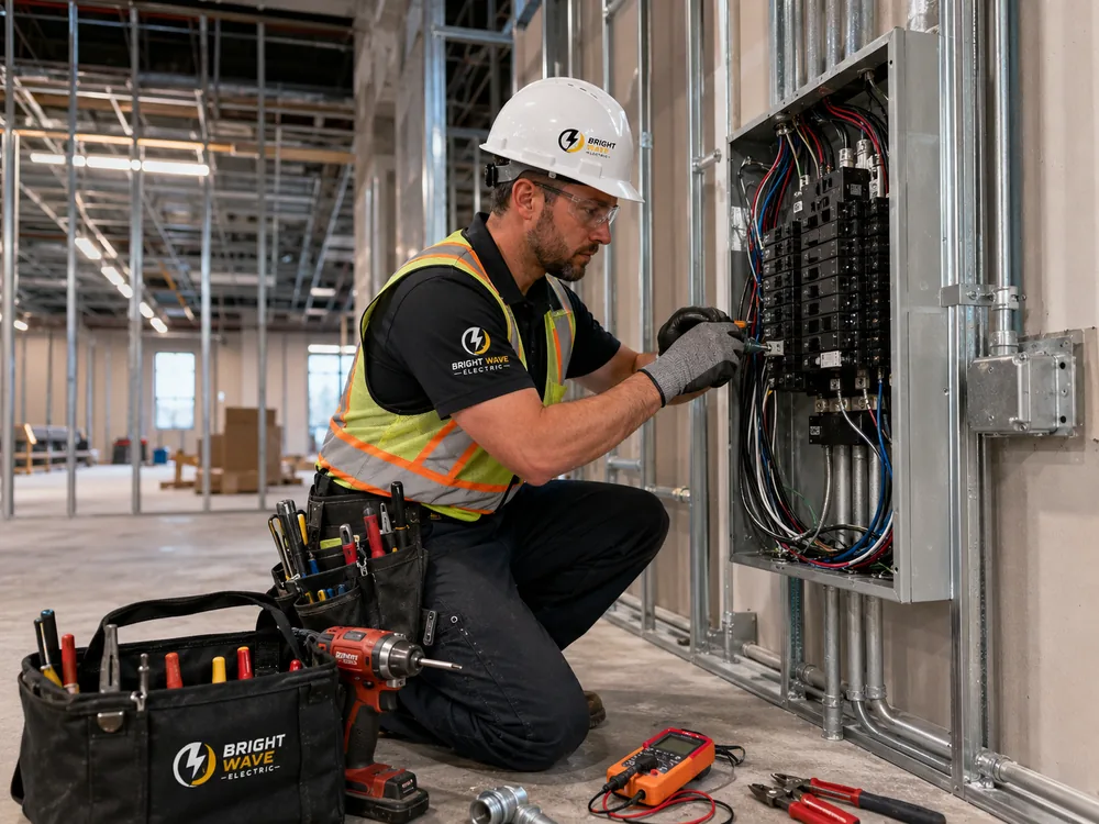 Bright Wave Electric electrician running commercial wiring during a build-out in Henderson, NV