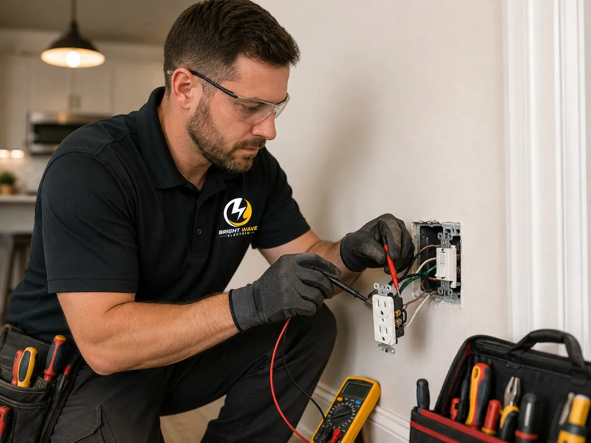 Bright Wave Electric electrician diagnosing an electrical repair in a Henderson, NV home