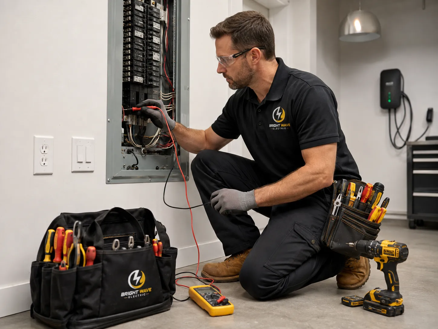 Bright Wave Electric electrician testing a residential electrical panel with a multimeter in Henderson, NV