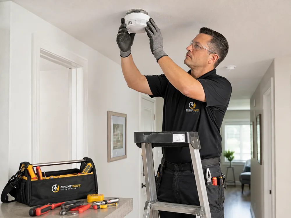 Bright Wave Electric electrician installing a smoke and carbon-monoxide detector in a Henderson, NV home